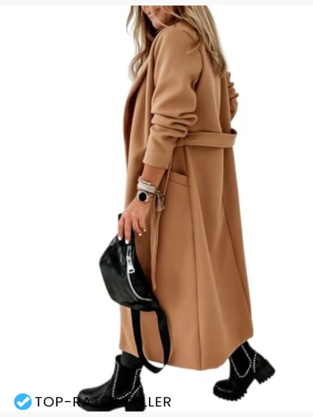 Classic Longline Peacoat with Lapel Collar and Self-Tie Belt for Women - Picture 5 of 7